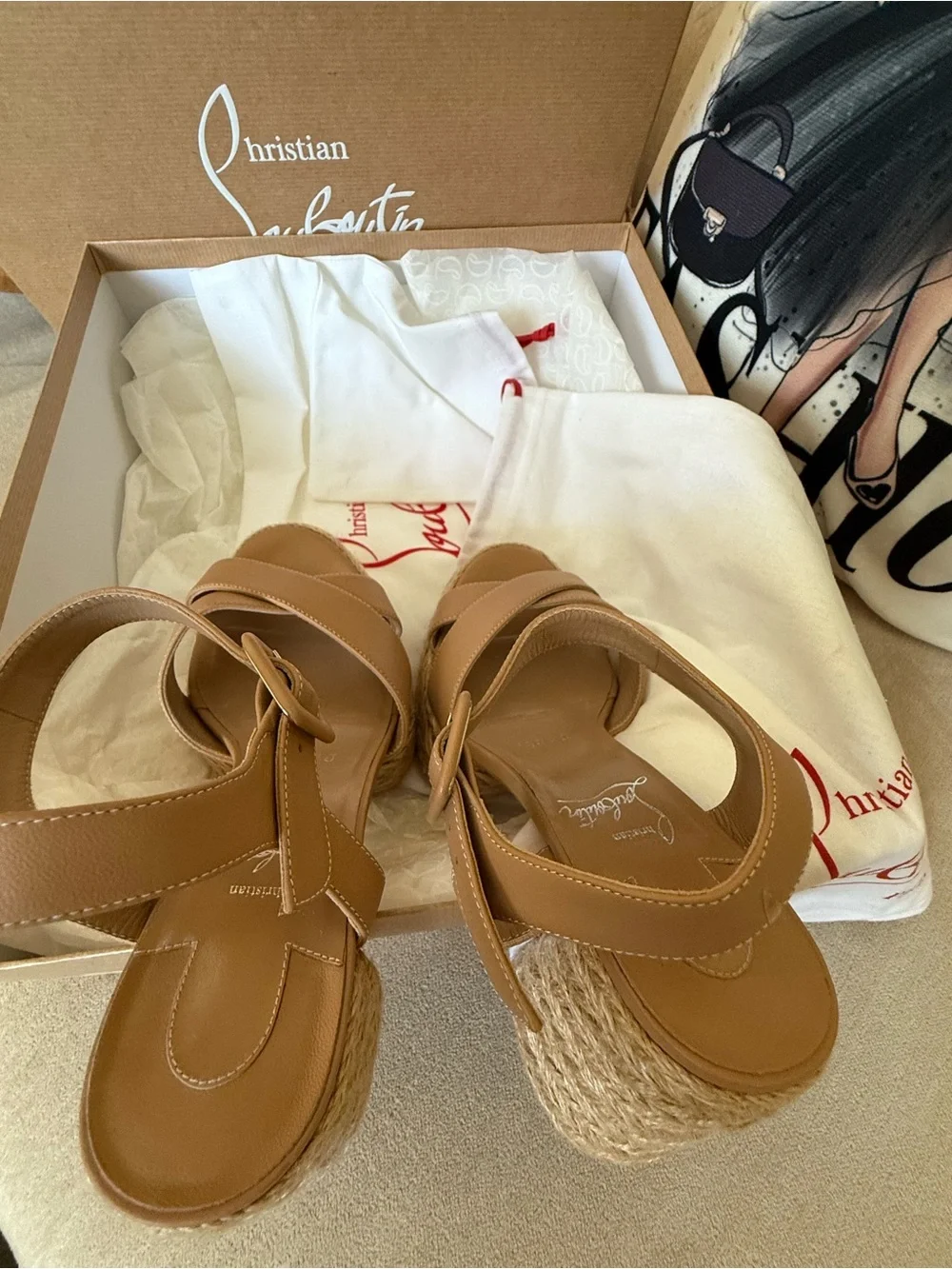 Christian Louboutin Calakala Tan Leather Espadrille Wedge Sandals size 7